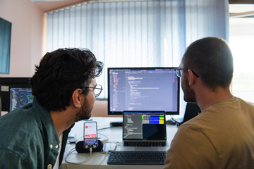 Programmers engrossed in deep collaboration, diligently working together to solve complex problems...