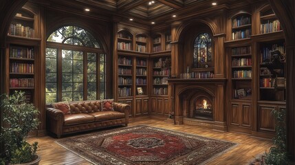 Obraz premium A cozy, book-lined room with a fireplace and a leather couch