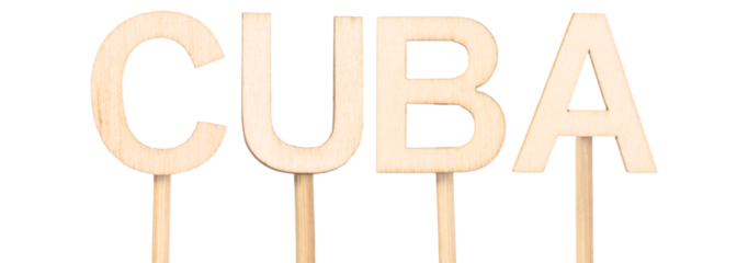 Wooden letters forming the word Cuba in minimalist style, held by sticks on white background.