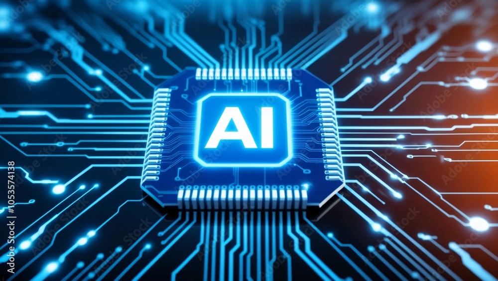 Poster futuristic ai circuit chip glowing in blue with a background of digital networks and data streams