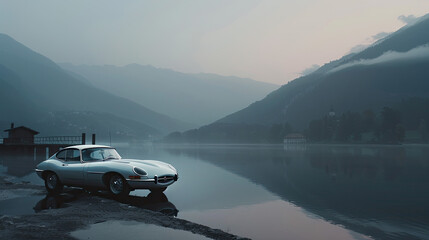 Iconic 1960s Jaguar E-Type by a Misty Mountain Lake in Luxurious Dawn Light