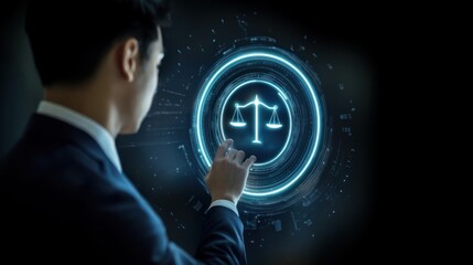 Man in suit touching glowing circle with scales icon on virtual screen, representing legal tech advancements and law automation, digital justice, AI law