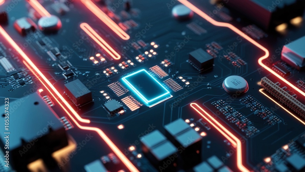 Poster futuristic ai circuit chip glowing in blue with a background of digital networks and data streams