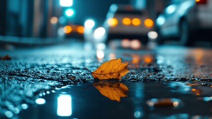 Golden leaf rests on wet pavement, reflecting city lights in a serene urban night scene, AI