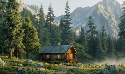 Wooden cabin nestled among towering pine trees, 4K hyperrealistic photo