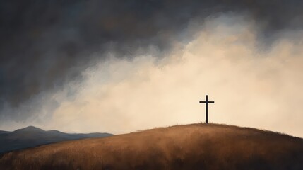 A simple yet striking landscape featuring a solitary cross silhouetted against a dramatic glowing sky  The minimal serene composition evokes a sense of spirituality and contemplation