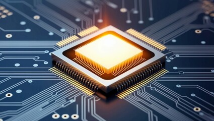  A detailed 3D rendering of a microchip on a dark surface, with glowing orange circuitry, illustrating cutting-edge technology and innovation in electronics and hardware