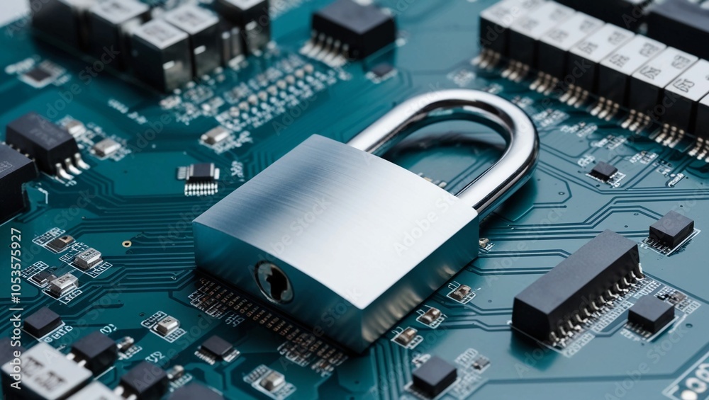 Poster macro image of a secure locked circuit board, showing a metallic lock symbolizing data security and 