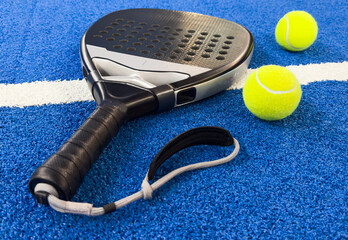 Black professional paddle tennis racket and ball on blue background. Horizontal sport theme poster,...