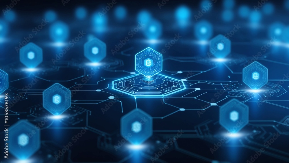 Poster dark blue technological grid with glowing blue hexagonal nodes, representing blockchain, ai networki
