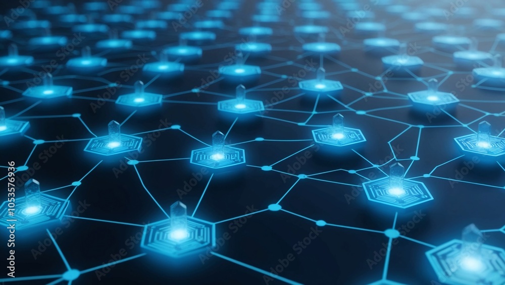 Poster dark blue technological grid with glowing blue hexagonal nodes, representing blockchain, ai networki