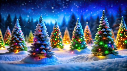 Obraz premium Winter wonderland scene with vibrant Christmas trees in the dark