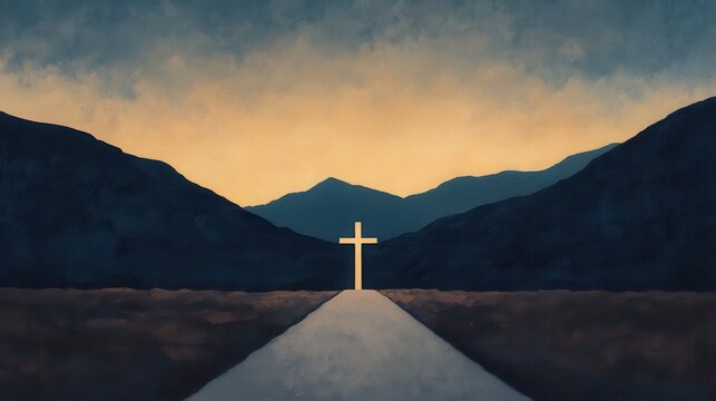 Serene countryside road leading to a glowing Christian cross at dusk with a peaceful tranquil atmosphere  A spiritual and religious landscape with a sense of journey and destination