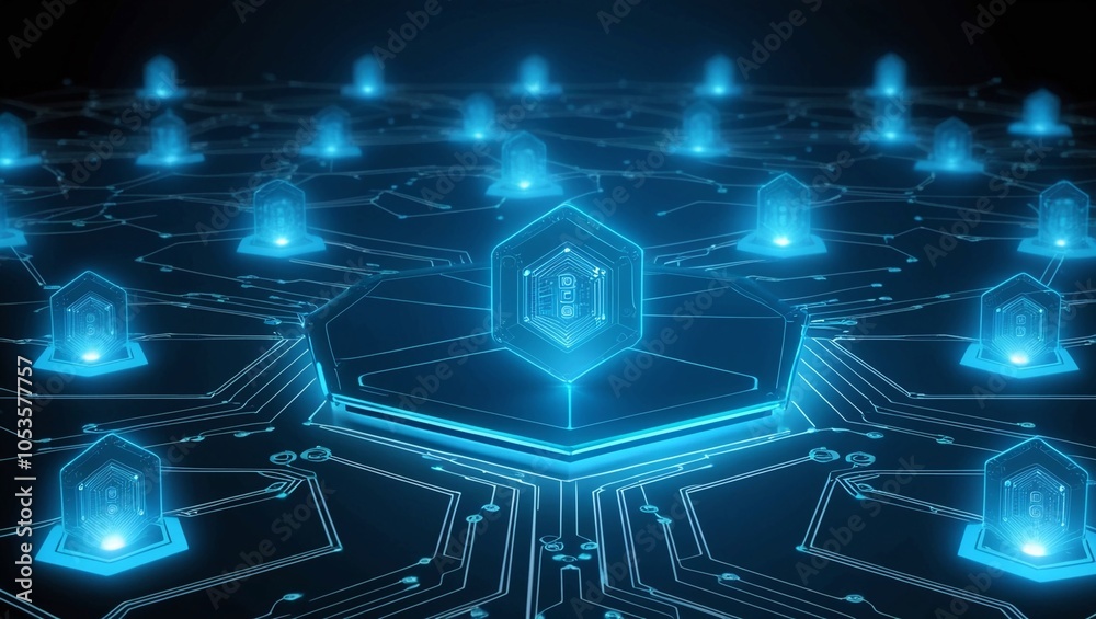 Poster dark blue technological grid with glowing blue hexagonal nodes, representing blockchain, ai networki