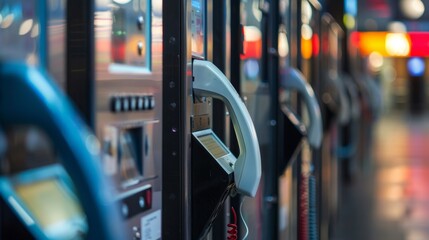 A bank of payphones with travelers making calls to loved ones or checking their flight information.