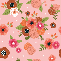 Pink boho flowers seamless vector pattern