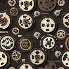 Seamless background with vintage tape reels.