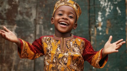 Young Nigerian boy with traditional attire and a playful expression.