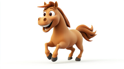 Obraz premium A cheerful cartoon horse galloping joyfully on a white background, showcasing playfulness and energy