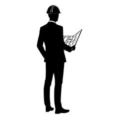 Engineer standing on holding a blueprint paper silhouette vector 