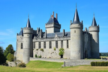 Fototapeta premium A majestic stone castle with towers and a clear blue sky.