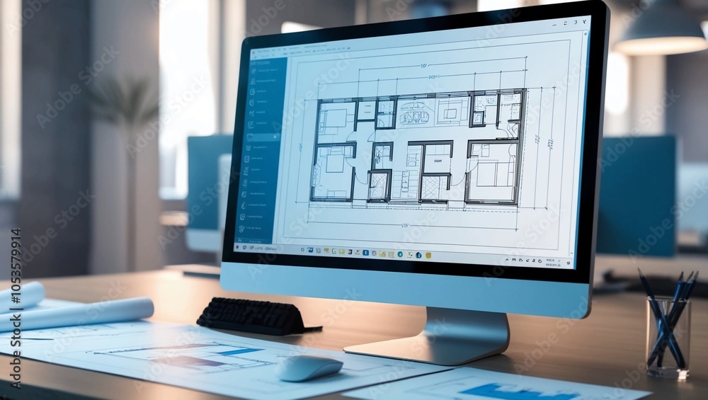 Poster futuristic workspace with a computer monitor displaying architectural blueprints, symbolizing modern