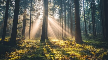 Obraz premium Sunlight filtering through tall trees in a serene forest at dawn, creating a peaceful and enchanting atmosphere