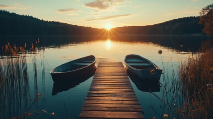 Obraz premium Sunset over tranquil lake with boats docked near wooden pier surrounded by lush greenery during summer evening