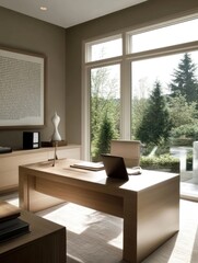 Fototapeta premium A modern office space with a wooden desk, laptop, and large windows overlooking greenery.