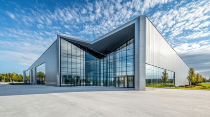 Modern architectural building with large glass windows and a sleek metal exterior.