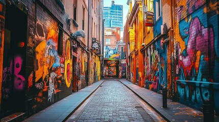 Fototapeta premium Colorful graffiti adorns a narrow alleyway in the heart of an urban city during late afternoon