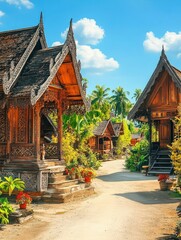 Fototapeta premium Serene village scene with traditional wooden houses surrounded by lush greenery and flowers.