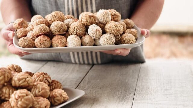 Panellets on the tray freshly baked.
