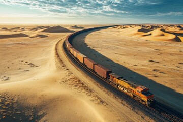 Aerial view of a cargo train winding through a vast desert, tracks stretching far, loaded containers, sand dunes on either side, and the sun casting long shadows over the landscape.