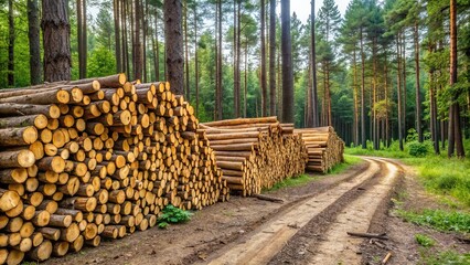 Wood timber stacked on the ground near forest Long Shot