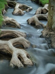 Fototapeta premium A serene stream flows over gnarled tree roots, creating a tranquil natural scene.