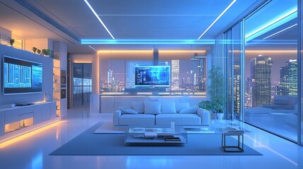 Modern living room with city skyline views and ambient lighting at night in a contemporary apartment