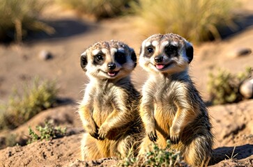 Fototapeta premium Tiny Treasures of the Kalahari. Playful Meerkat Cubs in Their Natural Habitat