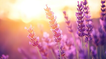 Obraz premium Golden sunset illuminating a field of lavender flowers in bloom near a scenic mountain landscape, evoking serene beauty