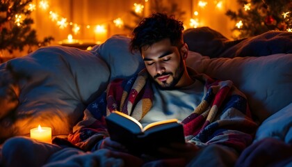Obraz premium A cozy scene of a person reading a book surrounded by soft blankets and flickering candles, with delicate holiday decor in the background, creating the perfect ambiance for a winter evening.