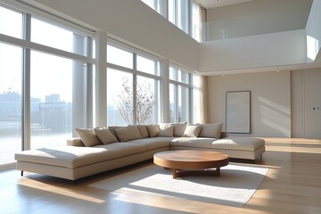 Fototapeta premium A mid century modern interior with a large window and a spacious living room with a sofa and table. Generative AI 