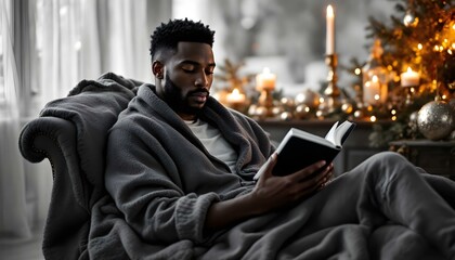 Obraz premium A cozy scene of a person reading a book surrounded by soft blankets and flickering candles, with delicate holiday decor in the background, creating the perfect ambiance for a winter evening.
