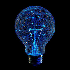 A glowing light bulb filled with blue, intricate network lines representing connections, innovation, and technology in a modern, futuristic style.