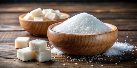 Fototapeta premium Wooden bowl with white sugar cubes and granulated sugar on dark wood board