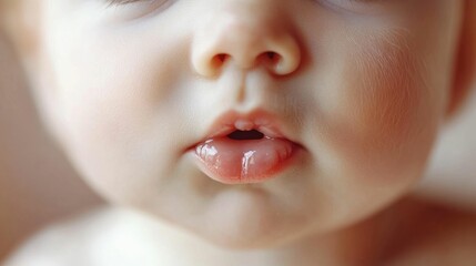 Fototapeta premium Closeup portrait of a newborn baby with adorably chubby cheeks and pouty lips captured in soft natural lighting that highlights the delicate gentle features and radiant skin