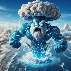 Ai generated illustration of a human flying monster in the form of a giant angry mushroom cloud nuclear explosion sea tsunami water of smoke and streaks of lightning on its body with sea background