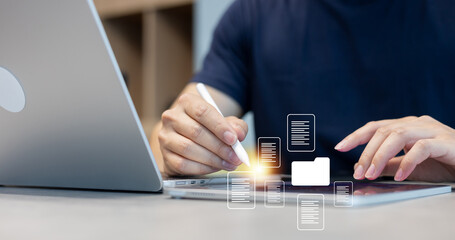 employee businessman hand check database virtual icon of DMS (document management system) while...