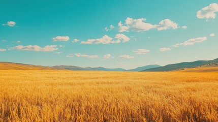 Obraz premium Golden wheat field under a clear blue sky at midday near a rural countryside landscape in summer
