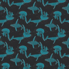 Seamless pattern whales in the ocean on a dark backgroun