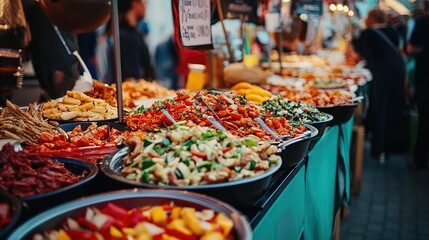 Naklejka premium Vibrant food market bustling with fresh produce and colorful dishes during the evening hours in a lively urban setting